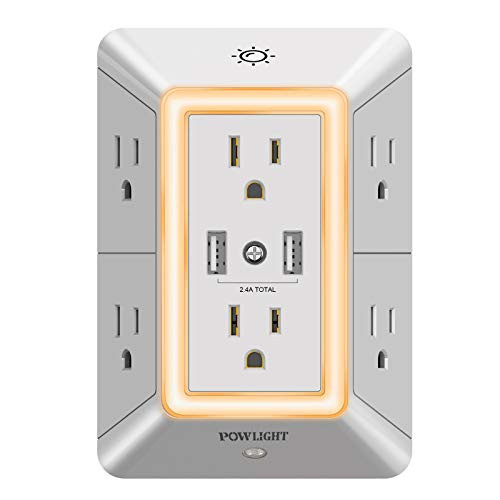Multi Plug Outlet, Surge Protector, POWLIGHT 6-Outlet Extender with 2 USB Ports , 3-Sided Power Strip with Adapter Spaced Outlets, ETL Listed -Grey-