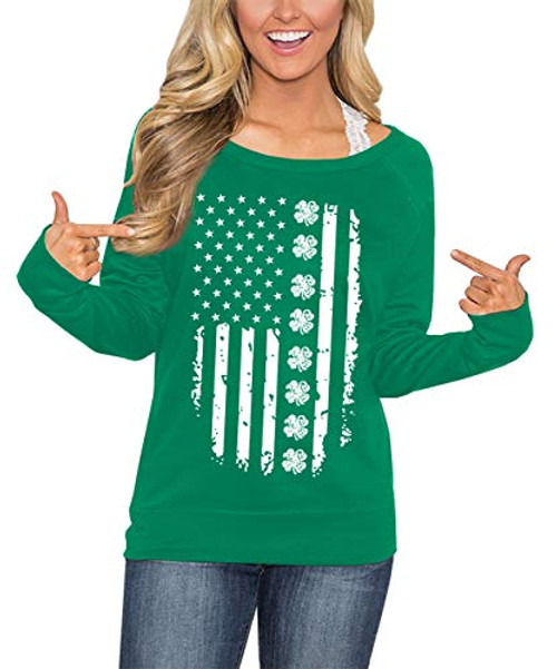 For G and PL Womens St. Patrick's Day Green USA Sweatshirt Irish Long Sleeve Shirt Clover Flag M For G and PL Womens St. Patrick's Day Green USA Sweatshirt Irish Long Sleeve Shirt Clover Flag M