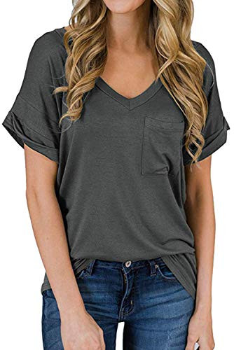 Women's V-Neck Short Sleeve Shirts Loose Casual Basic Tee T-Shirt Cute Tops Dark Grey