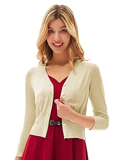 GRACE KARIN Women's Cropped Cardigan 3/4 Sleeve V-Neck Button Down Open Front Ribbed Knit Shrug Sweater Off White