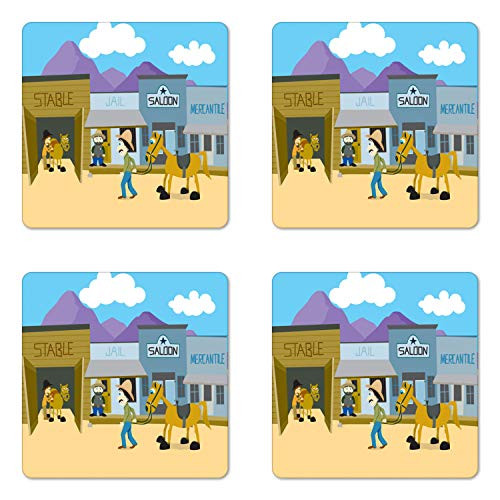 Ambesonne Western Horse Coaster Set of 4, Nostalgic Wild West Themed American Town Cowboy Riding and Wandering Stable, Square Hardboard Gloss Coasters, Standard Size, Multicolor