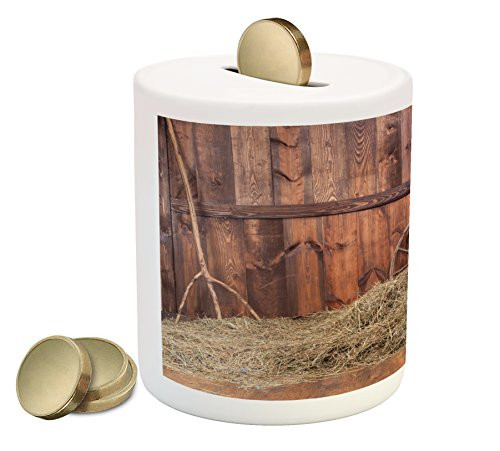 Ambesonne Barn Wood Wagon Wheel Piggy Bank, Rural Old Horse Stable Barn Interior Hay and Wood Planks Image Print, Printed Ceramic Coin Bank Money Box for Cash Saving, Brown Dust
