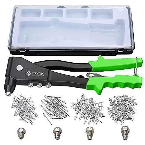 eSynic Rivet Gun Heavy Duty Hand Riveter Kit Nut Setter Kit with 200pcs 2.4mm/3.2mm/4mm/4.8mm 4 Sizes Riveting Tool Pop Rivet Kit Rivet Nut Kit Set for Metal, Wooden and Plastic-Green-