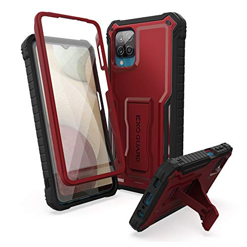 ExoGuard for Samsung Galaxy A12 Case, Rubber Shockproof Full-Body Cover Case Built-in Screen Protector and Kickstand Compatible with Samsung A12 Phone -Red-