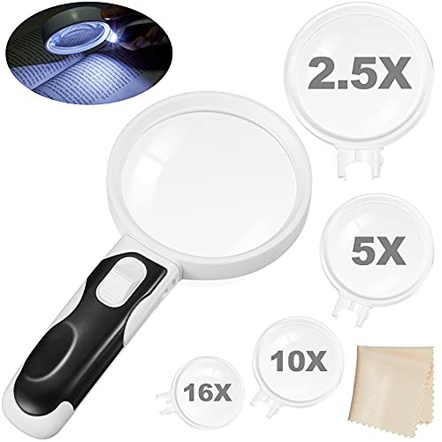 Magnifying Glasses with 4 Interchangeable Lens 2.5X 5X 10X 16X Powerful LED Illuminated Magnifier Handheld Magnifying Glass for Seniors Reading, Soldering, Inspection, Coins Ticket Jewelry