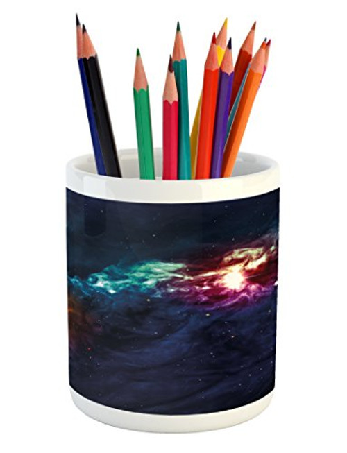 Ambesonne Space Pencil Pen Holder, Galactic Image on Milky Way with Colorful Alluring Cosmos Display Artwork Print, Printed Ceramic Pencil Pen Holder for Desk Office Accessory, Magenta Blue