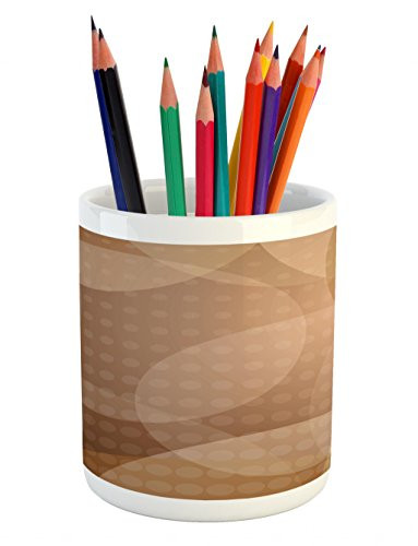 Ambesonne Tan Pencil Pen Holder, Overlapping Circles with Big and Small Polka Dots Pattern Gradient Modern Display, Printed Ceramic Pencil Pen Holder for Desk Office Accessory, Tan Brown White