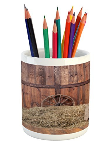 Ambesonne Barn Wood Wagon Wheel Pencil Pen Holder, Rural Old Horse Stable Barn Interior Hay and Wood Planks Image Print, Printed Ceramic Pencil Pen Holder for Desk Office Accessory, Brown Dust