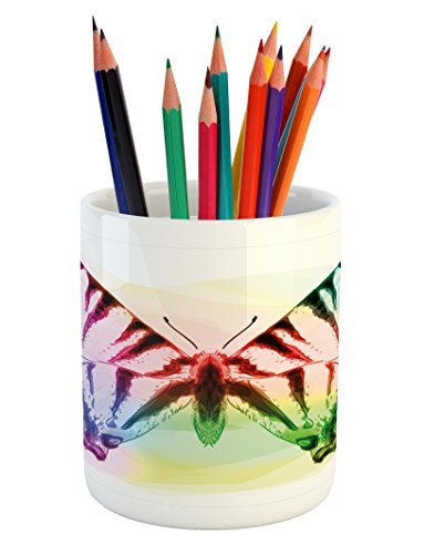 Ambesonne Swallowtail Butterfly Pencil Pen Holder, Butterfly with Rainbow Colors Fantasy Animal Dreamy Display, Printed Ceramic Pencil Pen Holder for Desk Office Accessory, Multicolor
