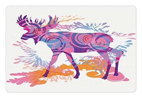 Ambesonne Moose Pet Mat for Food and Water, Unusual Deer with Trippy Featured Color Effects Digital Vivid Display, Rectangle Non-Slip Rubber Mat for Dogs and Cats, Mauve and Orange