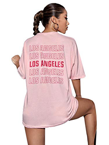 Romwe Women's Oversized T Shirt Graphic Print Short Sleeve Round Neck Tee Tops Baby Pink L