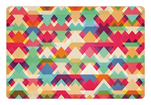Ambesonne Indie Pet Mat for Food and Water, Abstract Vibrant Colorful Triangles Overlap Geometric Design with Display, Rectangle Non-Slip Rubber Mat for Dogs and Cats, Multicolor