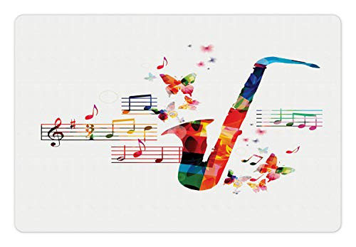 Ambesonne Music Pet Mat for Food and Water, Colorful Saxophone Design with Butterflies and Sheet Music Creative Illustration, Rectangle Non-Slip Rubber Mat for Dogs and Cats, Multicolor Ambesonne Music Pet Mat for Food and Water, Colorful Saxophone Design with Butterflies and Sheet Music Creative Illustration, Rectangle Non-Slip Rubber Mat for Dogs and Cats, Multicolor