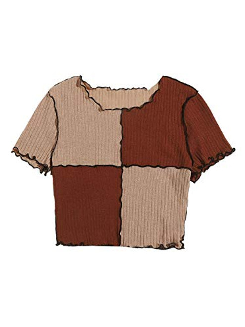 SOLY HUX Women's Color Block Short Sleeve Lettuce Trim T Shirt Ribbed Knit Crop Top Brown S SOLY HUX Women's Color Block Short Sleeve Lettuce Trim T Shirt Ribbed Knit Crop Top Brown S