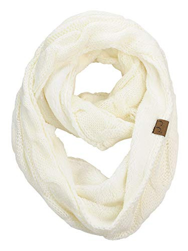 C.C Women's Winter Cable Knit Sherpa Lined Warm Infinity Pullover Scarf, Ivory