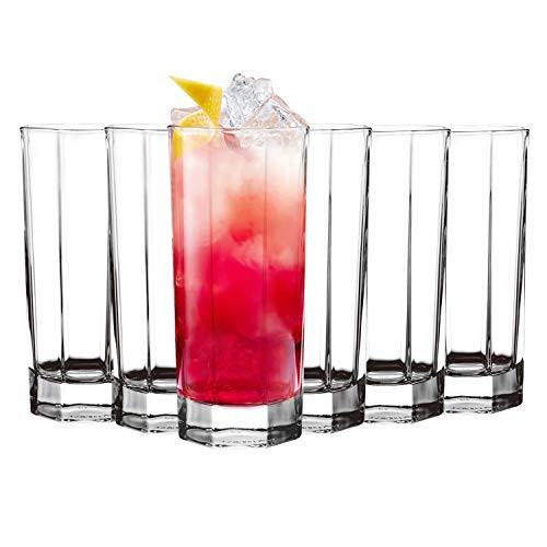 Tebery 6 Pack Unique Octagonal Highball Glasses Drink Glasses, 11 Ounce Clear Glass Cup Tumbler Beverage Set