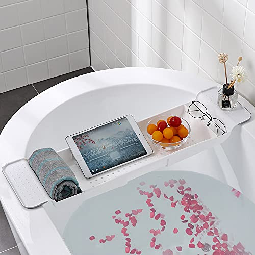 JU SHU MAO YI - Adjustable Bathtub Caddy Tray- Bath Tub Table Caddy -Bath Tray for Bathtub -White