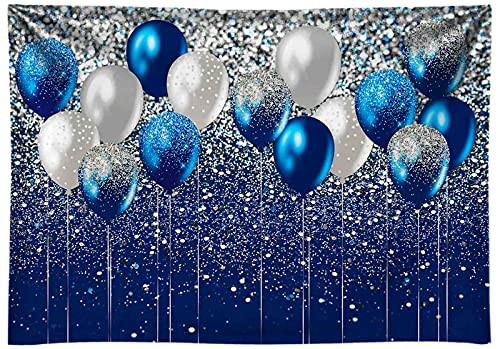 Funnytree 7X5FT Soft Fabric Balloons Backdrop Royal Blue and Silver Glitter Background Birthday Prince Prom Graduation Party Banner Cake Table Decor Portrait Photo Studio Photobooth Prop Gift Supplies