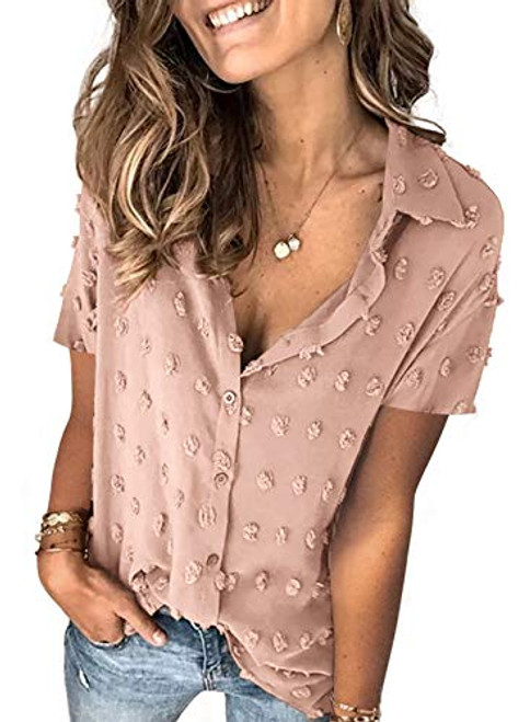 AlvaQ Women's Khaki Swiss Dot Chiffon Blouses Summer Short Sleeve Button Down Pom Pom Boho Shirts Tops Large AlvaQ Women's Khaki Swiss Dot Chiffon Blouses Summer Short Sleeve Button Down Pom Pom Boho Shirts Tops Large