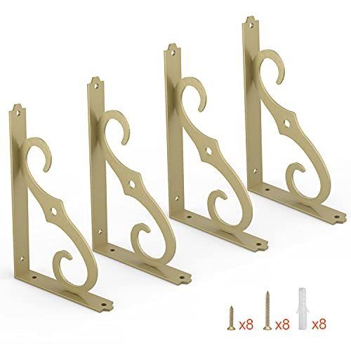 ETECHMART Decorative Shelf Brackets, 5 Inch Wall Mounted Floating Shelf Bracket for DIY Open Shelving, Pack of 4 L Shape Heavy Duty Rustic Iron Metal Corner Brace Shelf Supporter, Gold
