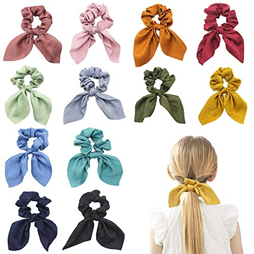 12Pcs Hair Elastic Scrunchies Chiffon Scrunchies Hair Bow Chiffon Ponytail Holder Bobbles Elastic Hair Ties Bands Soft Elegant Bow Scrunchies for Women Accessories