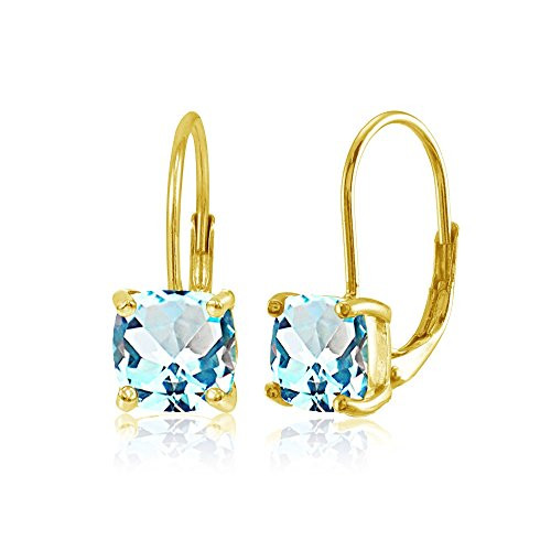 Yellow Gold Flashed Sterling Silver Blue Topaz 7x7mm Cushion-Cut Leverback Earrings