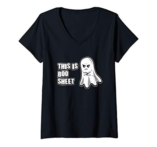 Womens This Is Boo Sheet Disapproving Ghost Funny Halloween Costume V-Neck T-Shirt