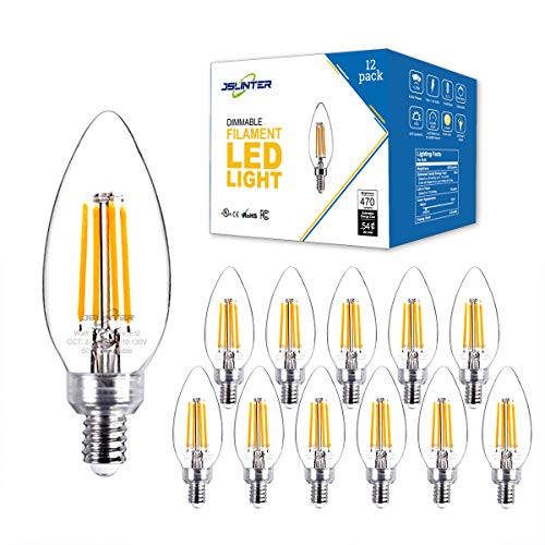 Jslinter B11 LED Candelabra Light Bulbs, E12 Base Dimmable Filament Candle Bulb for Chandelier, 2700K Warm White, 40W Equivalent, 12-Pack