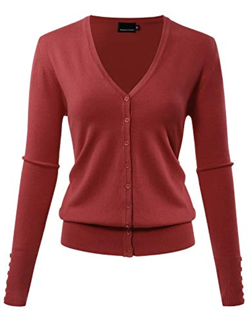 Women's Long Sleeve Button Down Basic Sweater Classic V-Neck Knit Cardigan Soft Knit L Rust