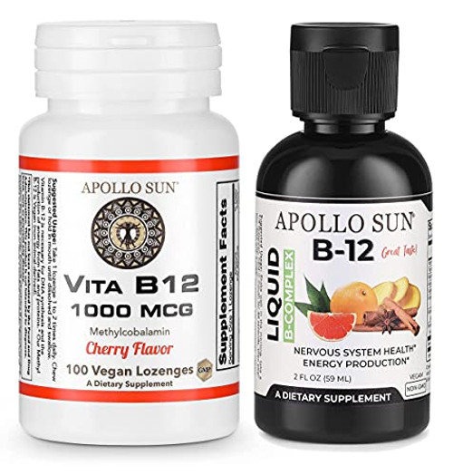 APOLLO SUN Vitamin B12 1000mcg Methylcobalamin Cherry Flavor -100 Lozenges- and Liquid B12 Complex 1000mcg Cyanocobalamin -2 FL OZ / 59 ML- 1 Bottle Each as a Bundle Pack APOLLO SUN Vitamin B12 1000mcg Methylcobalamin Cherry Flavor -100 Lozenges- and Liquid B12 Complex 1000mcg Cyanocobalamin -2 FL OZ / 59 ML- 1 Bottle Each as a Bundle Pack