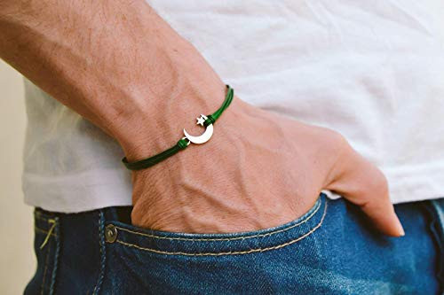 Men's bracelet, silver crescent moon charm, green cords, bracelet for men, gift for him, moon star bracelet, clasp, mens jewelry