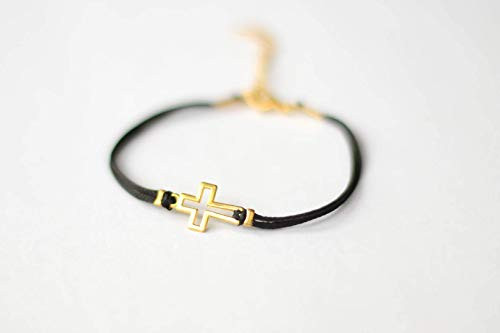 Cross bracelet, women bracelet with gold tone cross charm, christian catholic jewelry, black cord, gift for her, bridesmaids gift, black bracelet Cross bracelet, women bracelet with gold tone cross charm, christian catholic jewelry, black cord, gift for her, bridesmaids gift, black bracelet
