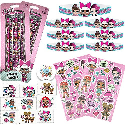 LOL Surprise Birthday Party Favors Pack For 12 Guests With LOL Pencils, Lol Surprise Paper Tiaras, Sticker Sheets, Removable Tattoos, and Exclusive Pin By Another Dream