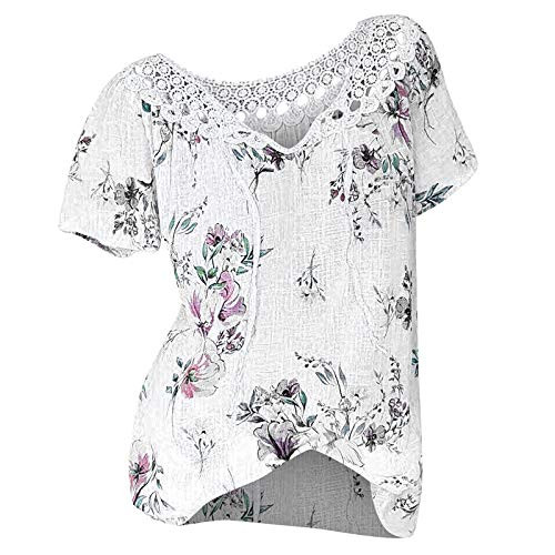 Womens Tops,Womens Short Sleeve Casual Floral Print Plus Size Summer Tops Sexy Deep V-Neck Loose Tshirts Blouse White