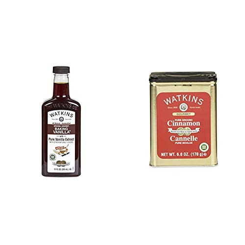 Watkins All Natural Original Gourmet Baking Vanilla, with Pure Vanilla Extract, 11 ounces Bottle, 1 Count -Packaging May Vary-  and  Gourmet Spice Tin, Pure Ground Cinnamon, 6 oz. Tin, 1-Count
