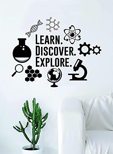 Learn Discover Explore Original Quote Decal Sticker Wall Art Home Room Decor Teacher School Classroom Science Atom Beaker DNA Gears