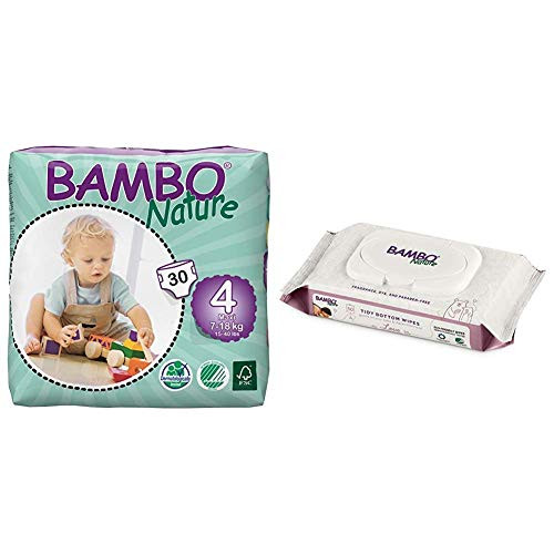 Bambo Nature Baby Diapers Classic, Size 4 -15-40 lbs-, 30 Count with Bambo Nature Tidy Bottoms Baby Wipes 50 Sheets