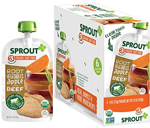 Sprout Organic Baby Food Pouches Stage 3, Organically Sourced Meat Protein, Root Vegetables Apple w/ Beef, 4 Ounce -Pack of 12-