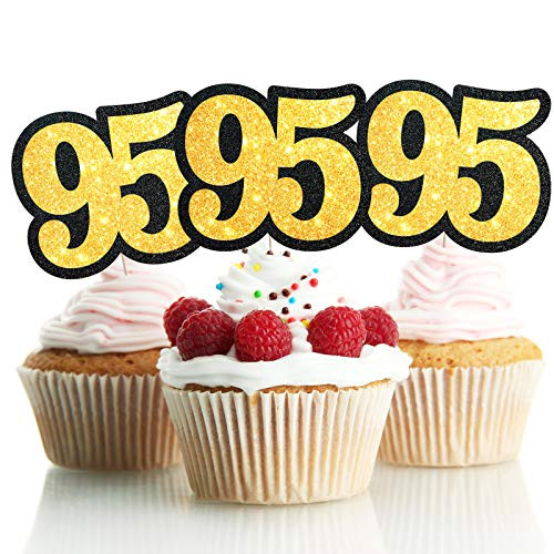 LINGPAR 95 Years Old Black Gold Cake Toppers Happy 95th Birthday Cupcake Toppers Ninety-Five Birthday Party Decoration Supplies 15PCS