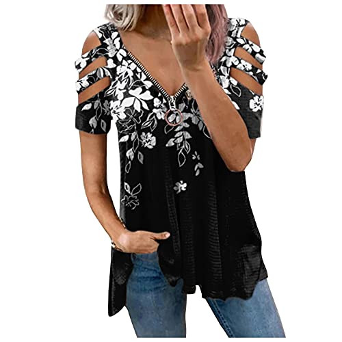 UODSVP Cold Shoulder Plus Size Tunics Tops For Women Summer Casual Short Sleeve T Shirts Sexy Low Cut Zipper V Neck Blouses White XXXXXL