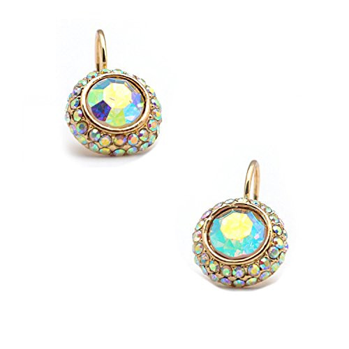 Gold Crystal Rhinestone Rondelle Circle Round Wire Stud Earrings with Round Cut Aurora Borealis Rhinestone