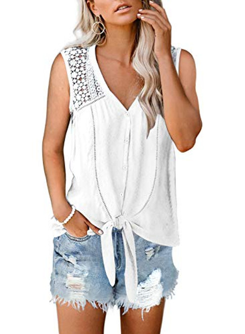 Aleumdr Women's Summer Sleeveless V Neck Button Down Shirts Crochet Hollow Out Casual Blouses Tops White Small 4 6