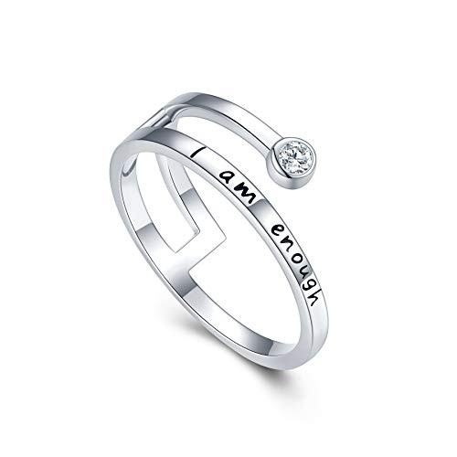 JUSTKIDSTOY 925 Sterling Silver I Am Enough Rings for Women Girls Cubic Zirconia Engraved Ring Inspirational Jewelry Gifts Size 7