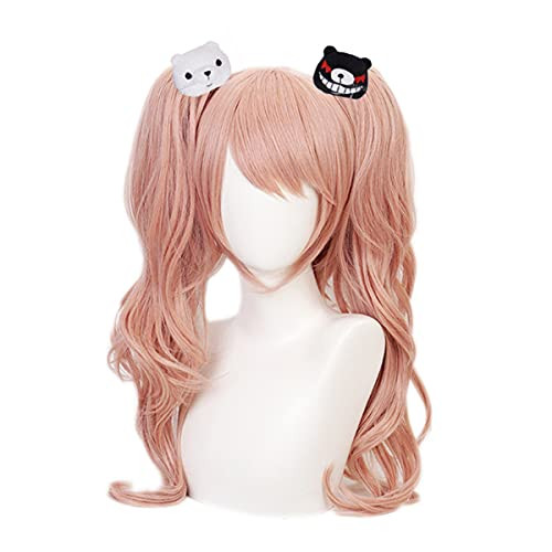 Linna Junko Enoshima Cosplay Wig Danganronpa Anime Pink Lolita Long Curly Wig With Two Bears clips Halloween Party Synthetic Hair plus wig cap