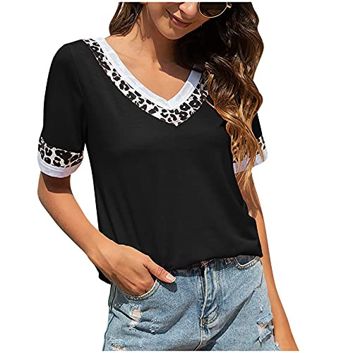 Summer Tops for Women Color-blocking Leopard Print V-neck T-shirts Trendy Casual Loose Comfy Short Sleeve Tunic Blouse