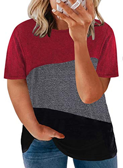 Happy Sailed Womens Plus Size Stripe Colorblock Tops Loose Casual Short Sleeve Crewneck Tee Shirts,4X Red