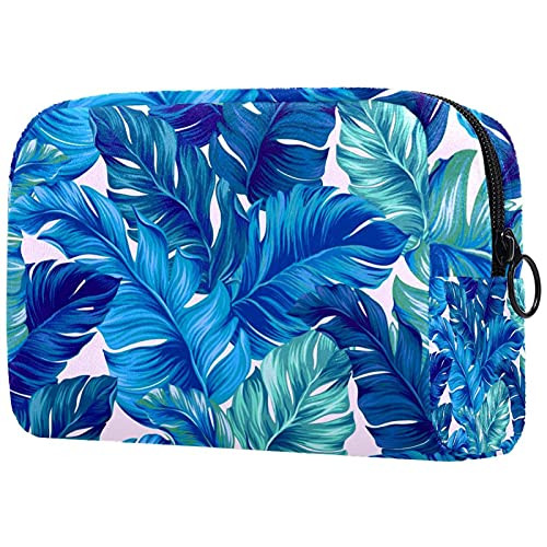 Women Makeup Bag,Cosmetic Storage Bag Blue Watercolor Tropical Palm Leaves for Travel,Cosmetics Organizer