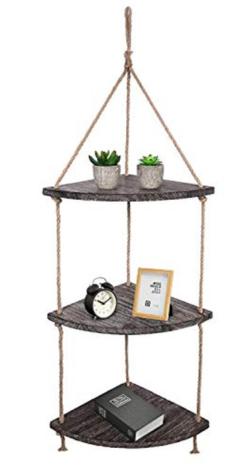 TIMEYARD Hanging Corner Wall Shelf, Distressed Brown Wood Jute Rope Floating Shelves, Farmhouse Storage Organizer Rack Rustic Home Decor for Living Room Bedroom Bathroom Kitchen