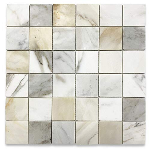 Stone Center Online Calacatta Gold Marble 2x2 Square Mosaic Tile Honed for Kitchen Backsplash Bathroom Flooring Shower Surround Dining Room Entryway Corrido Spa -1 Sheet-