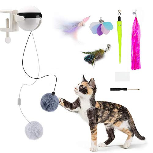 Automatic Interactive Cat Toys, Automatic Lifting Cat Teaser  and  Teaser Ball and 5 Refills Cat Plush Toys Feather Toys Electric Puzzle Pet Toys Lifting Flutter Cat Exercise Toys